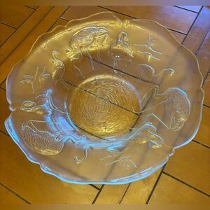 Vintage French Large 14” Glass Fruit Bowl Flamingos Birds Beach House Decor